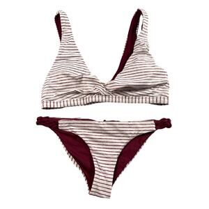 QuintSoul Bikini Large Burgundy Stripe Low Cut Bralette Hi Cut Cheeky Brief